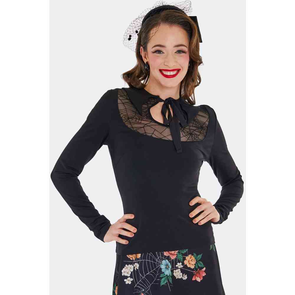 Voodoo Vixen - Bat Collar Web Lace Longsleeve top - Zwart